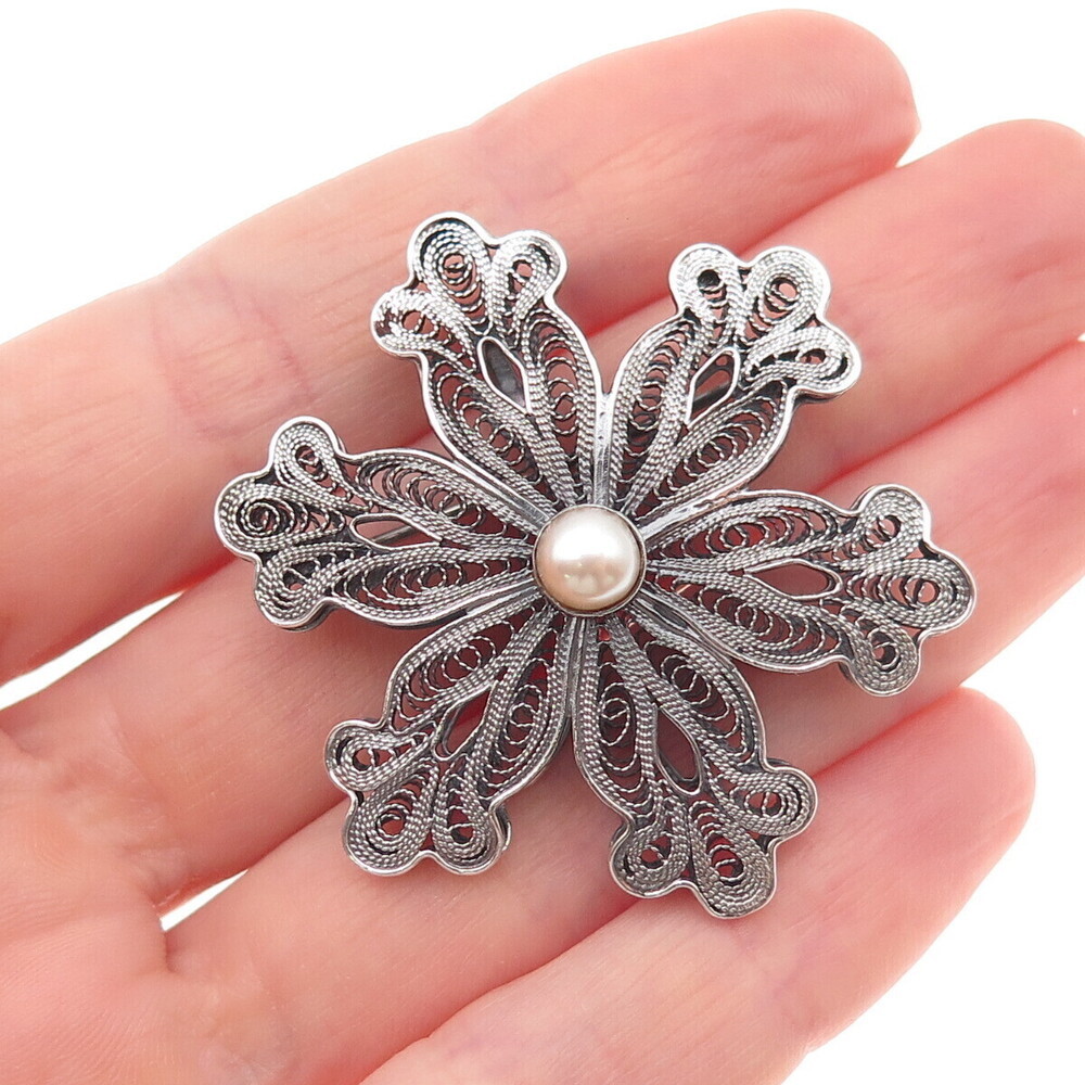 925 Sterling Silver Vintage Real Pearl Floral Filigree Oxidized Pin Brooch